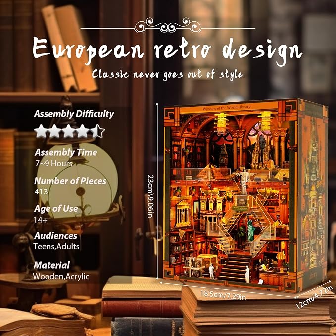 Book Nook Kits for Adults – The World Library Booknook – 3D Wooden Puzzle - Image 2