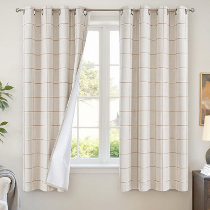Linen Blackout Curtains for Bedroom - Boho Plaid Curtains Thermal Insulated, Pattern Printed Rustic Drapes Window Treatments for Farmhouse, 52x63 Inch 2 Panels, Terracotta
