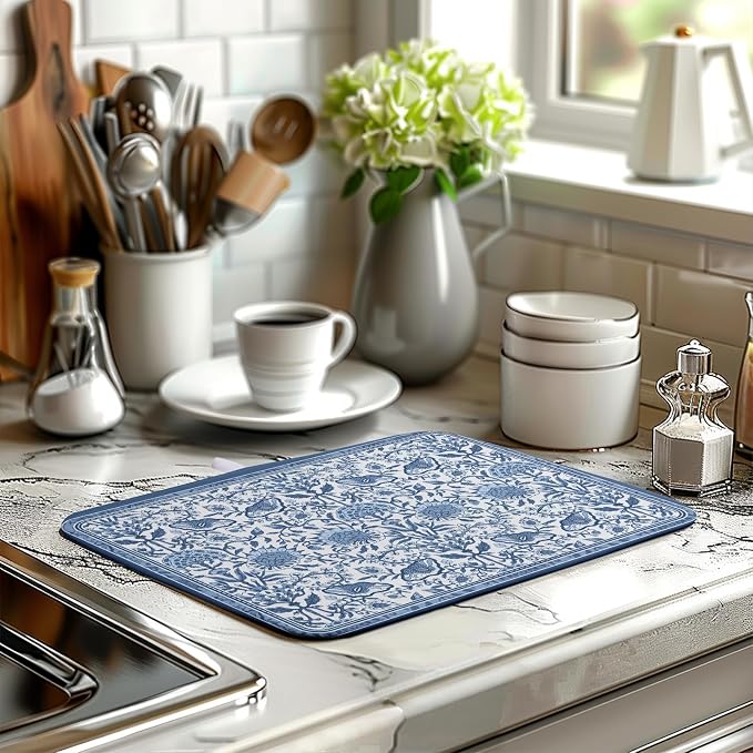 Blue Floral Dish Drying Mat for Kitchen Counter Boho Flowers Dishes Drainer - Image 6