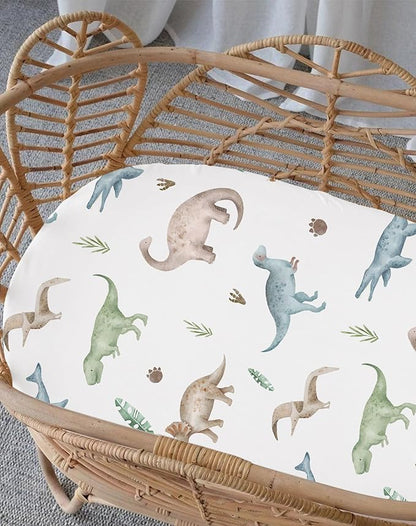 Bassinet Sheets for Baby Girls Boys 2 Pack, Fitted Baby Mattress Sheet for Rectangle, Oval, Hourglass Bassinet Mattress, Breathable Cozy & Universal Fit (Dino Pals)