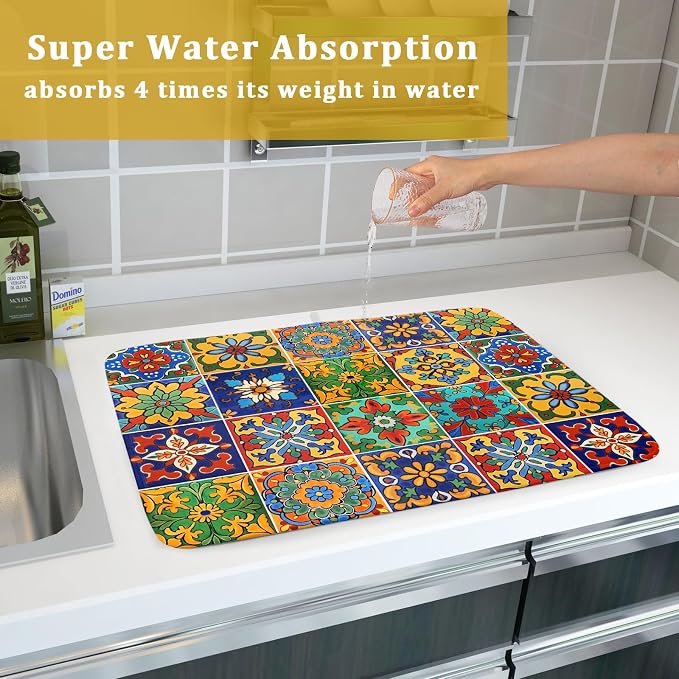 Mexican Tiles Dish Drying Mat for Kitchen Counter Absorbent Microfiber Dish - Image 7