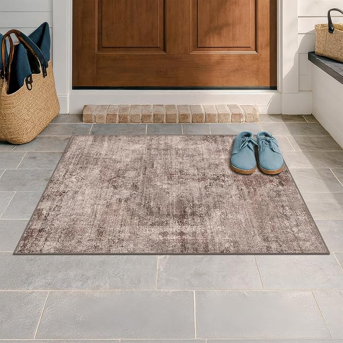 2x3 Small Rugs for Entryway, Rustic Brown Washable Non Slip Throw Rugs for Kitchen, Bathroom, Farmhouse Medallion Abstract Indoor Décor, Stain Resistant Carpet
