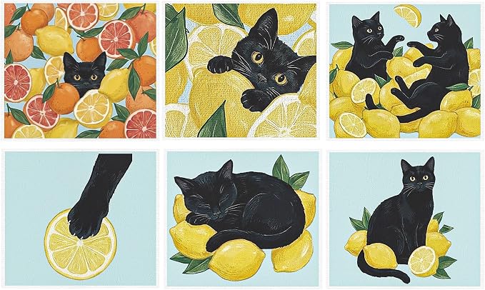 Swedish Dishcloths for Kitchen, 6 Pack Lemon and Balck Cat Reusable Dish Paper by InIsaJace