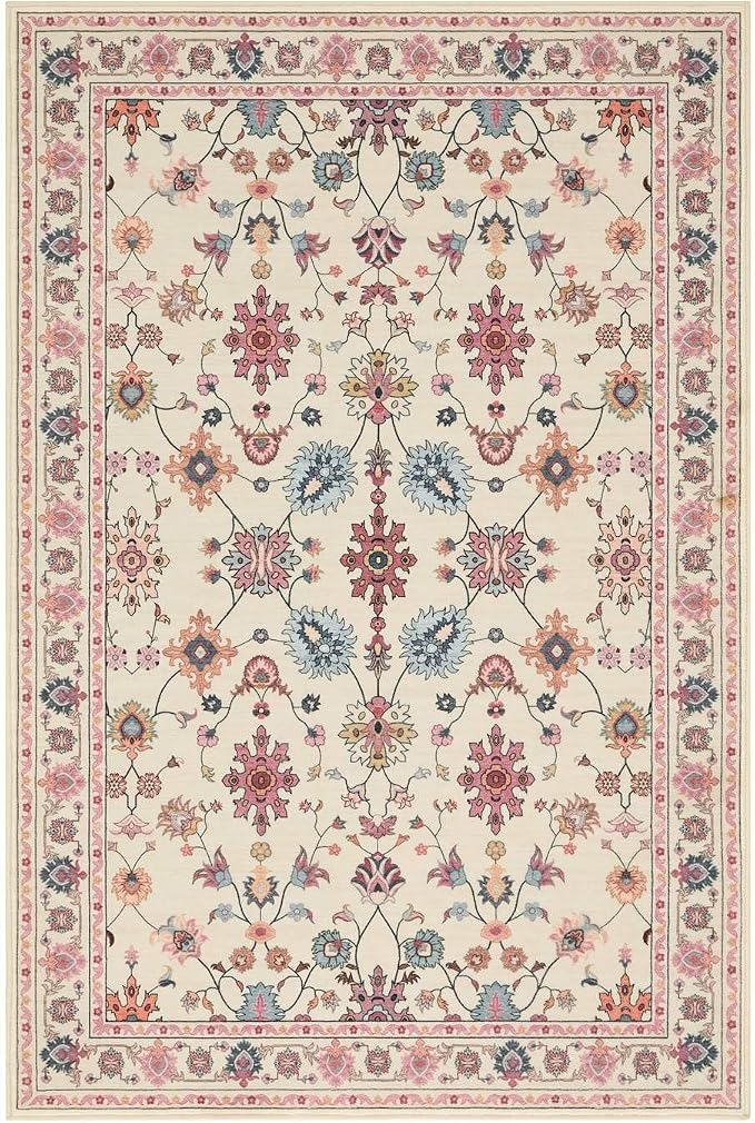 Pink Rug for Living Room Bedroom, Floral 5x7 Washable Rug, Vintage Boho Area Rug - Image 9