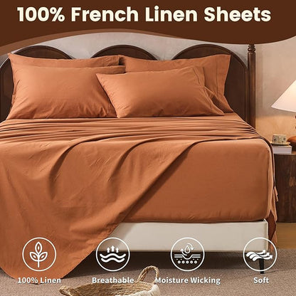 100% Linen Sheet Set Cal King Size Extra Deep Pocket Fits 18-24 Inch Mattress, Breathable & Soft, Smooth 6-Piece Set for Thick Mattresses Hotel Luxury Bedding（Cal King, Brown）