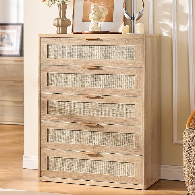 LEYAOYAO Rattan Dresser for Bedroom, Modern 5 Drawers Boho Dressers - Image 2