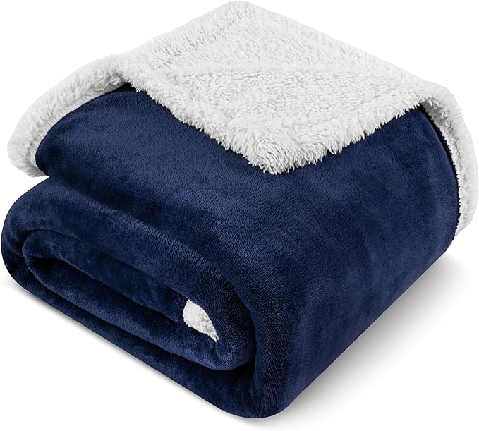Pavilia Sherpa Fleece Blanket - Queen Size, Navy Blue, Plush Soft Fuzzy, Reversible Winter Blanket for Women & Men, 90x90 Inches