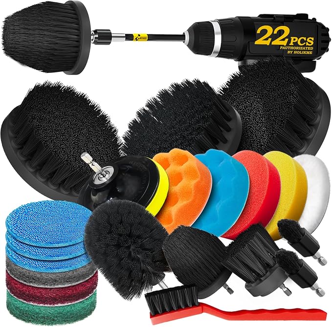 Holikme 22Pack Drill Brush Attachments Set, Scrub Pads & Sponge, Buffing Pads by Holikme