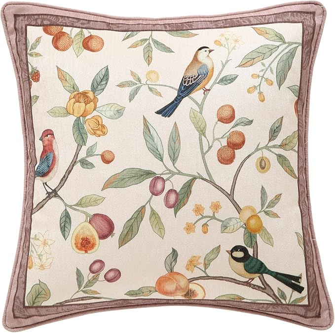 Square Pink Farmhouse Throw Pillow Covers, Birds and Flowers Pattern Cozy Velvet Pillowcases,Decoration Pillows Cushion Covers for Couch Sofa Bed Car Chair,18"x18"