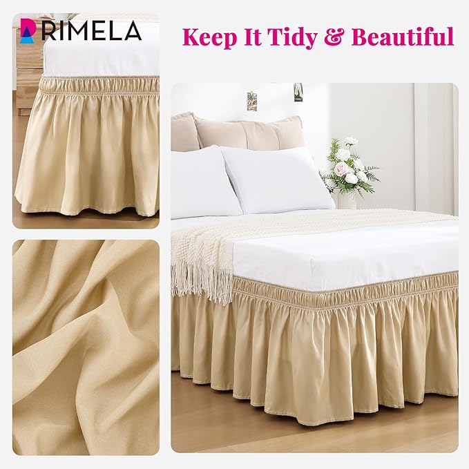 RIMELA Beige Bed Skirt King Size 18 Inch Drop, Wrap Around Elastic Bedskirt, Dust Ruffle for Adjustable Bed Base Machine Washable Easy to Install Bed Skirts