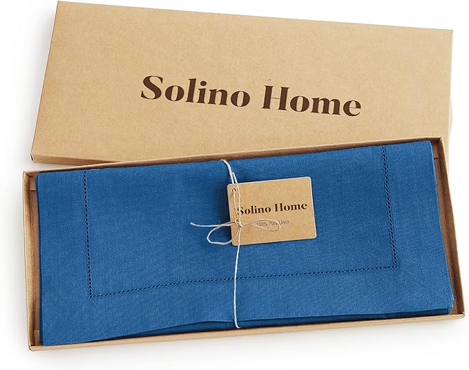 Solino Home Linen Indigo Blue Table Runner 90 Inches Long - 100% Pure Linen 14 x 90 Inch Table Runner for Christmas, Winter, New Year - Classic Hemstitch