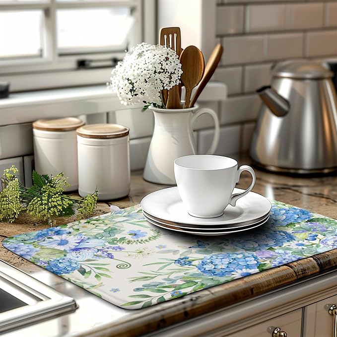 Blue Hydrangea Dish Drying Mat for Kitchen Counter 18 x 24 Inch Spring Floral - Image 6