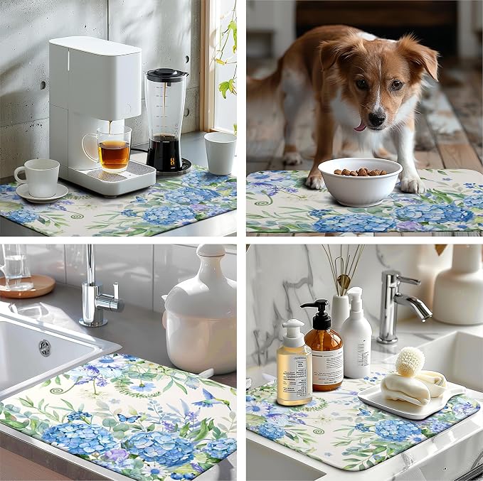 Blue Hydrangea Dish Drying Mat for Kitchen Counter 18 x 24 Inch Spring Floral - Image 7