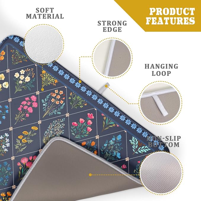 Lapis Blue Dish Drying Mat for Kitchen Counter Flowers Microfiber Absorbent - Image 4