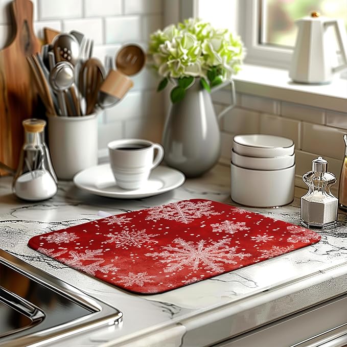 Christmas Dish Drying Mat for Kitchen Counter 16x18 Inch Red Snowflake Xmas - Image 6