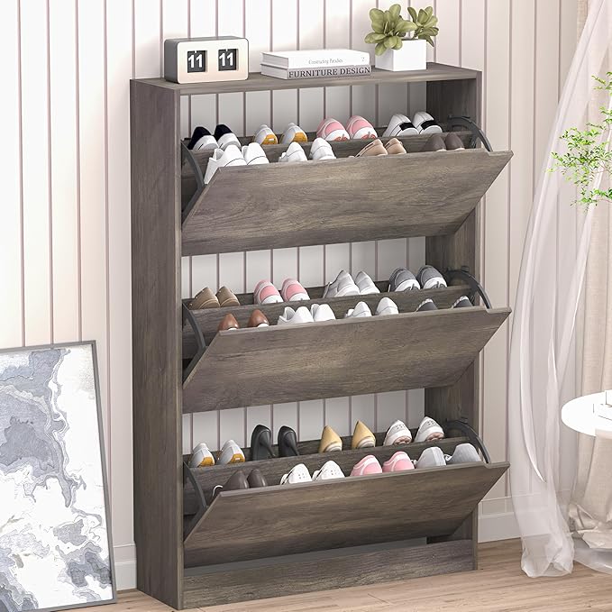 Shoe Cabinet with 3 Flip Drawers, Hidden Wood Shoe Cabinet, Freestanding Shoe by BORNOON