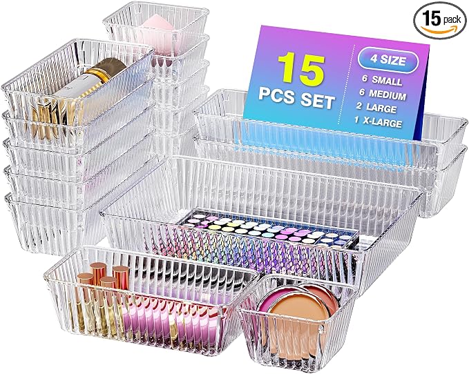 15 PCS Clear Plastic Drawer Organizer Set by Okylvve