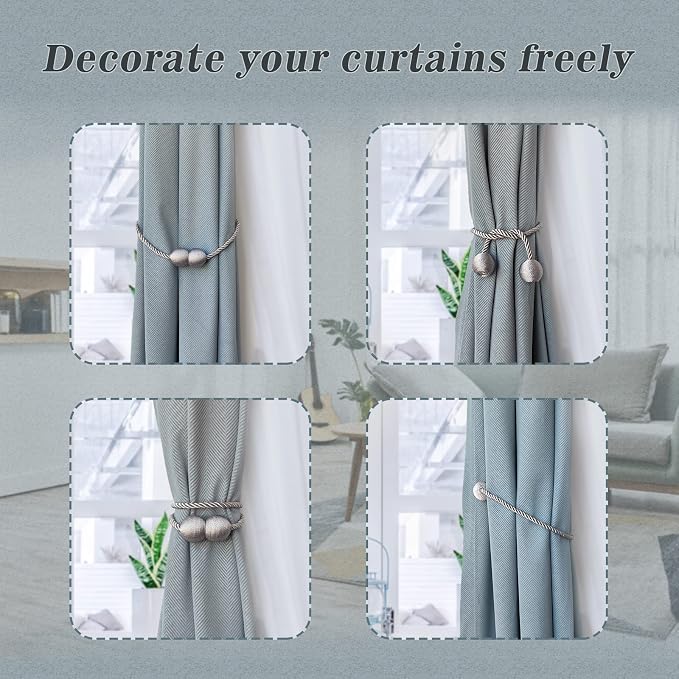 Hion Magnetic Curtain Tiebacks Grey 4 Pack, Curtain Tiebacks Buckles Holdbacks - Image 4