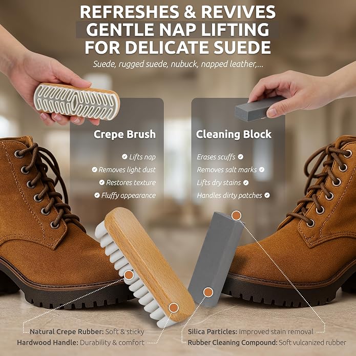 TAKAVU Premium Suede & Nubuck Cleaning Brush Kit, Crepe & Brass Bristle Brush - Image 4