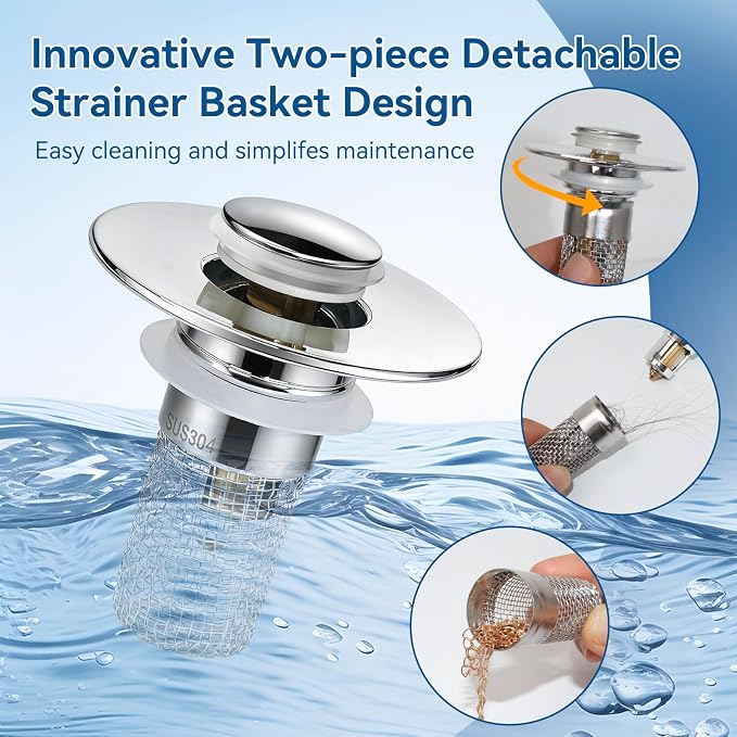 Universal Bathroom Sink Stopper & Hair Catcher, Stainless Steel Drain Filter - Image 2