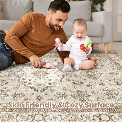 Vintage Living Room Area Rug 10x12 - Large Soft Washable Oriental Traditional Distressed Farmhouse Rugs for Bedroom - Indoor Floor Accent Carpet for Home Office House Decor - Beige