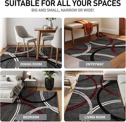 Rugshop Modern Wavy Circles Design Non-Shedding Round Rug, Carpet for Dining Room or Living Room, Red, 8' Round