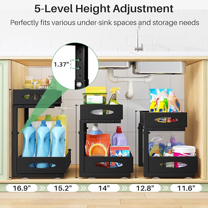 Under Sink Organizer, 2 Pack 2 Tier Pull out Cabinet Organizer Baskets - Image 4