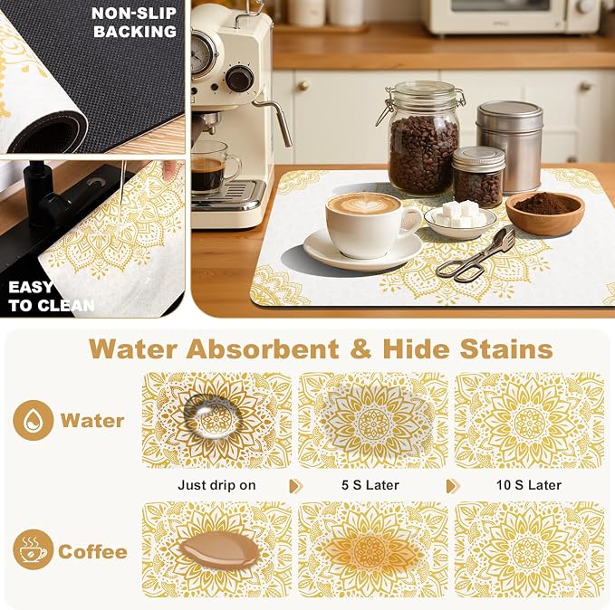 Yamaziot Boho Coffee Mat 12"x20", Floral Dish Drying Mat - Image 4