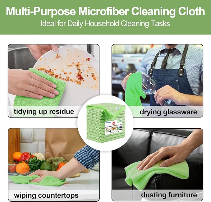 HOMERHYME Microfiber Cleaning Cloth, 12 Pack Green Cleaning Rags, Reusable - Image 8