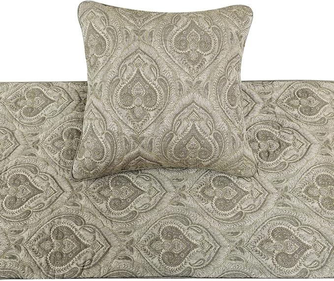 The HomeCentric King/Queen/Twin Grey Decorative Twin 53"x18" Bed Runner Without Pillow Cover, Quilted, Damask& Gold Zari Embroidery Bed Scarf on Silk Fabric - Winifred