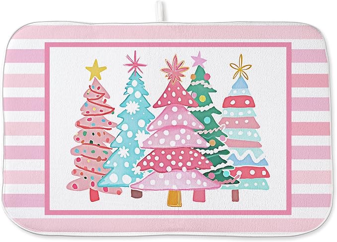 Christmas Dish Drying Mats 18x24 Inch Stripes Watercolor Pink Christmas Trees by GOLIANDA