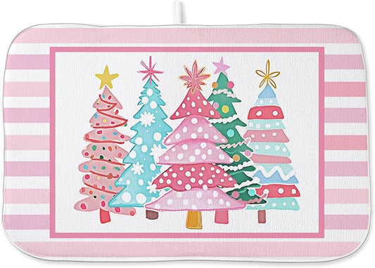 Christmas Dish Drying Mats 18x24 Inch Stripes Watercolor Pink Christmas Trees by GOLIANDA