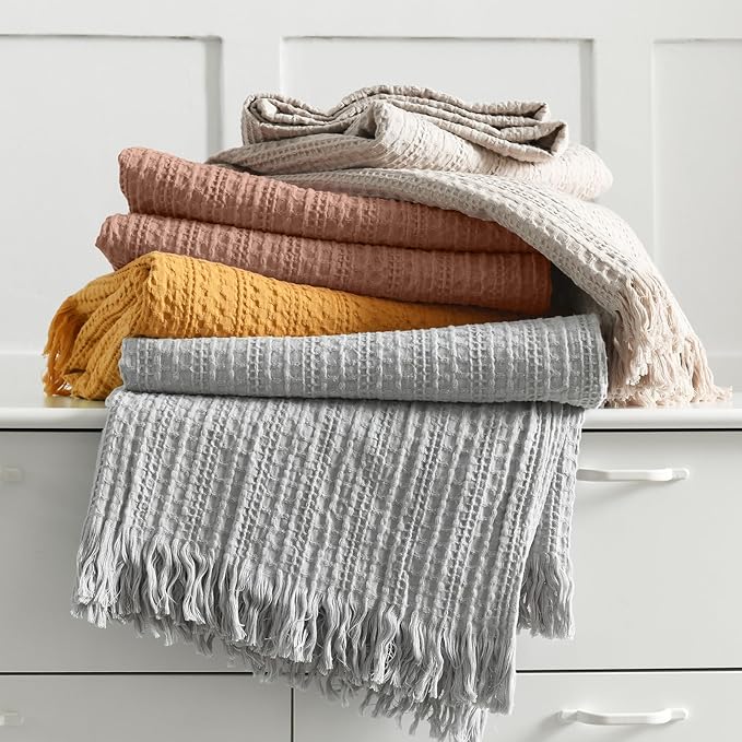 100% Cotton Waffle Blanket with Fringe, Pre-Washed Waffle Weave Blanket for All Season, Lightweight Breathable Soft Cozy Throw Blanket for Couch, Bed, Travel (Mustand Yellow - 50x60 Inches)
