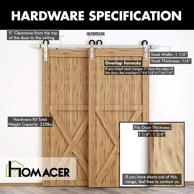 Homacer Brushed Nickel Single Track Bypass Sliding Barn Door Hardware Kit - Image 3