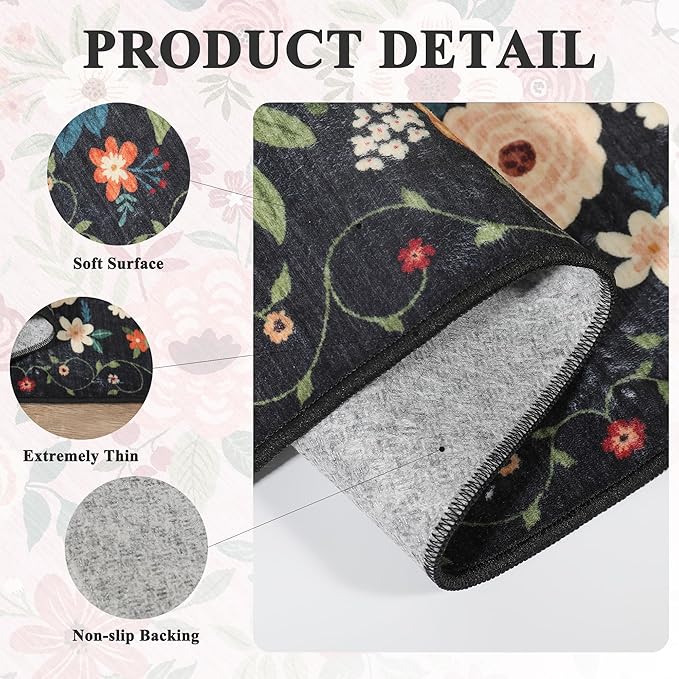 DUKINO 3x5 Area Rug, Floral Rugs for Living Room, Lightweight Non Slip Washable Rug, Indoor Low Pile & Non-Shedding Boho Design Rugs for Bedroom, Living Room, Dining Room, Black