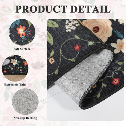DUKINO Runner Rug, 2x10 Kitchen Runner Rug for Hallway with Non Slip Backing, Washable Low Pile Soft Boho Floral Carpet for Kitchen, Entryway, Hallway, Laundry, Bedroom, Black