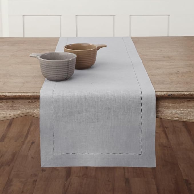 Solino Home Linen Soft Grey Table Runner 90 Inches Long - 100% Pure Linen Hemstitch 14 x 90 Inch Table Runner for Dining, Christmas, New Year - Classic Hemstitch