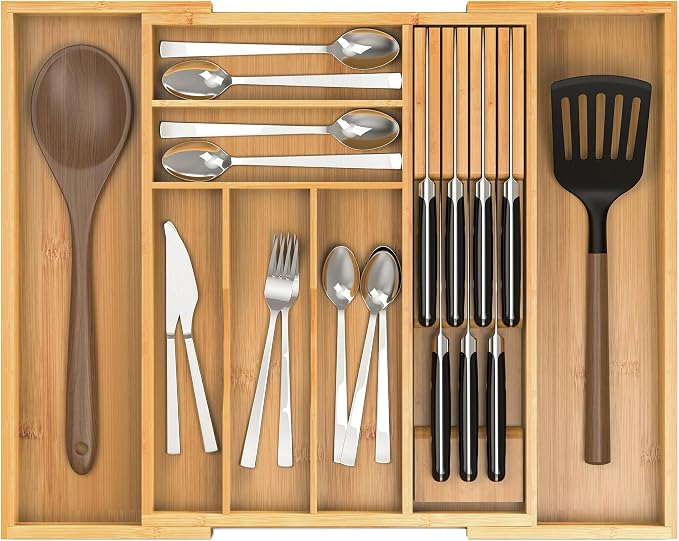 Bamboo Kitchen Drawer Organizer, Expandable Utensil Organizer by Thalomely