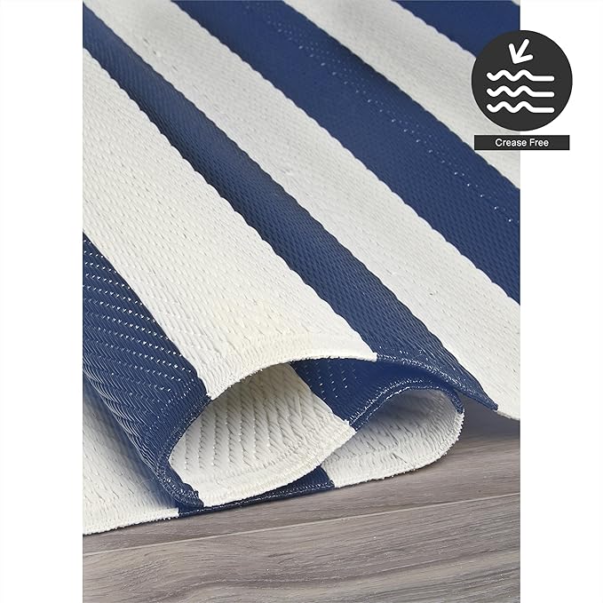FH Home Outdoor Rug - Waterproof, Fade Resistant, Reversible - Premium Recycled Plastic - Striped - Large Patio, Deck, Sunroom, Camping, RV - Brittany Stripe - Blue & White Crease Free - 5 x 8 ft