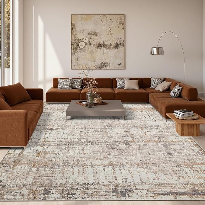 9x12 Area Rug for Living Room, Extra Large Washable Rug, Soft Neutral Abstract by Rugxara