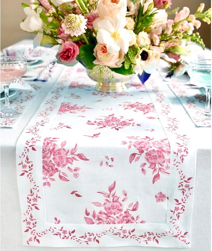 Solino Home Pink Floral Print Table Runner 48 inch - 100% Pure Linen Table Runner 14 x 48 Inch - Handcrafted and Machine Washable - Jolie Fleur Print