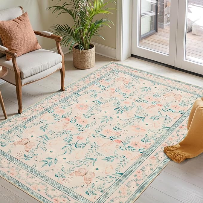 Floral Entryway Rug, 3x5 Washable Area Rug, Non Slip Low Pile Small Carpet by Rugxara