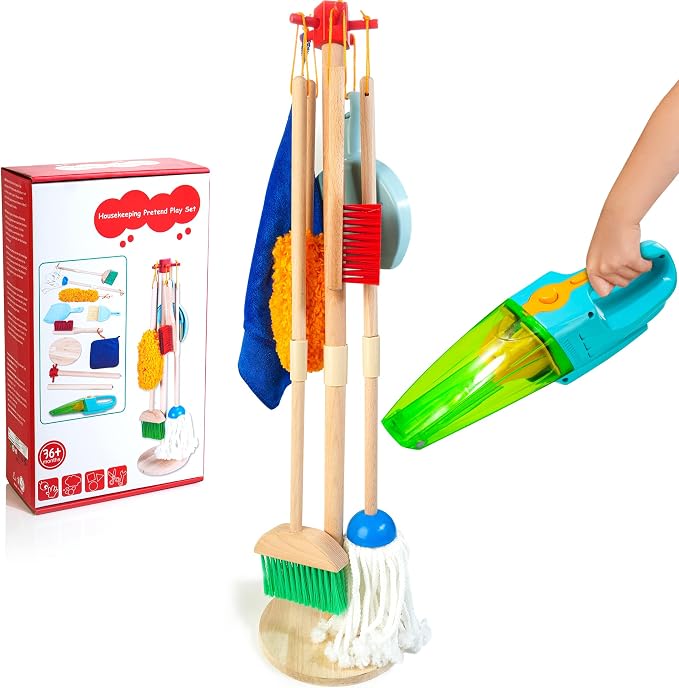 Kids Cleaning Set with Electric Vacuum Cleaners, Wooden Pretend Play by HELLOWOOD