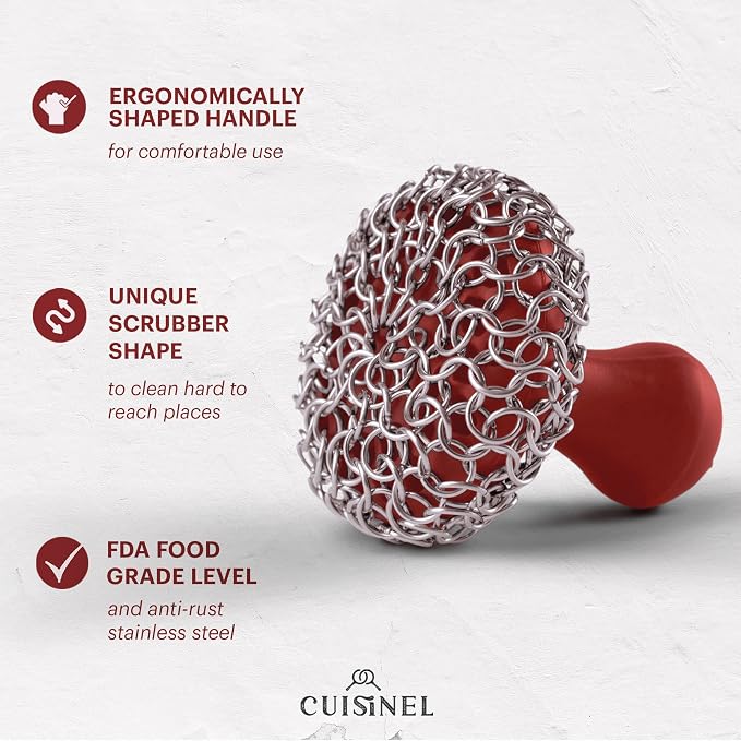 Cuisinel Cast Iron Chain Mail Scrubber + Cleaning Brush + Pan & Grill Scrapers - Image 5