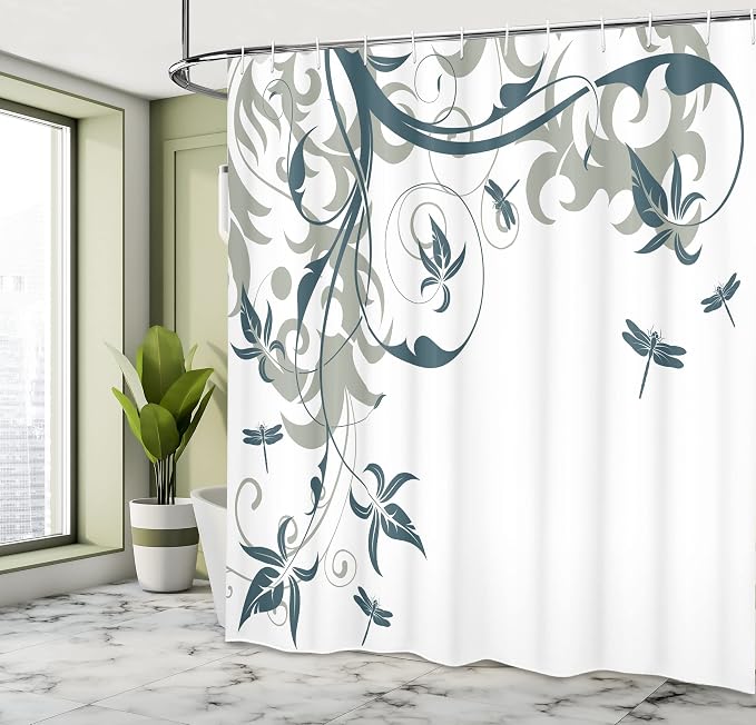 Ambesonne Dragonfly Shower Curtain, Swirled Floral Background Damask Curl - Image 4