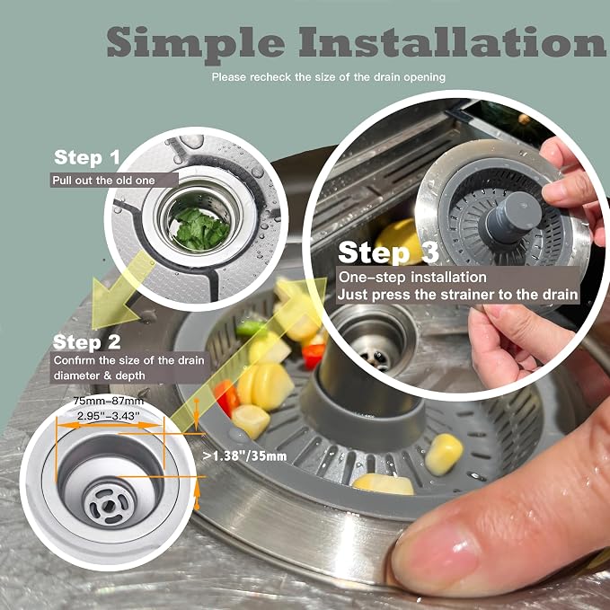 Kitchen Sink Drain Strainer 3 in 1, 304 Stainless Steel Pop Up Sink Stopper - Image 5