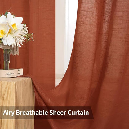 MIULEE Burnt Orange 2 Panels 84 Inch Long Farmhouse Linen Sheer Window Curtains Elegant Terracotta Rust Fall Autumn Drapes Grommet Top Linen Textured Voile for Bedroom Living Room (52 X 84 Inch)