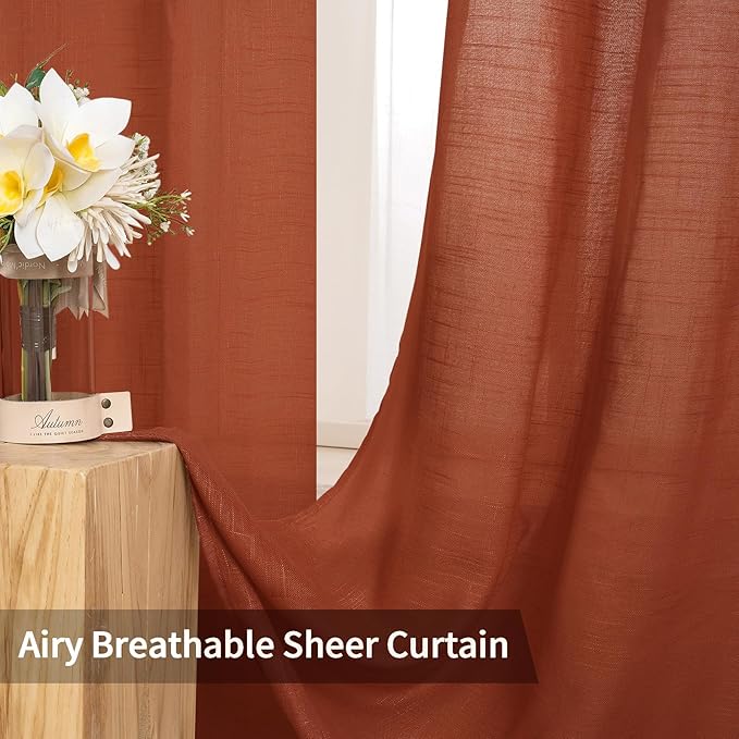 MIULEE Burnt Orange 2 Panels 84 Inch Long Farmhouse Linen Sheer Window Curtains Elegant Terracotta Rust Fall Autumn Drapes Grommet Top Linen Textured Voile for Bedroom Living Room (52 X 108 Inch)