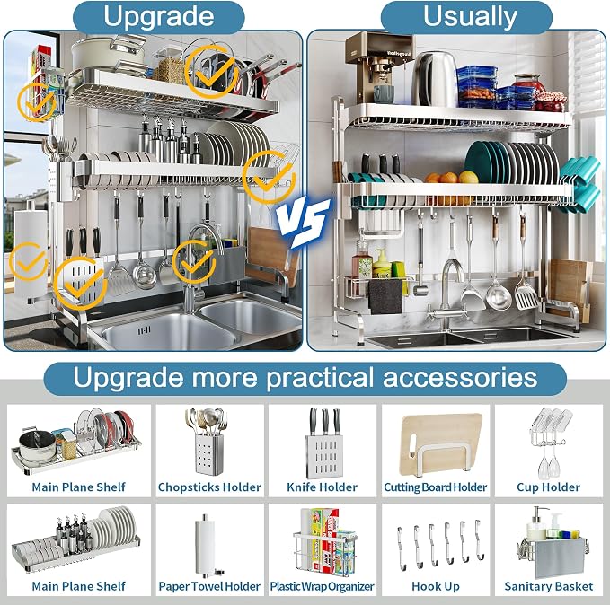 Over The Sink Dish Drying Rack, 3 Tier Adjustable Length Full Stainless Steel - Image 3