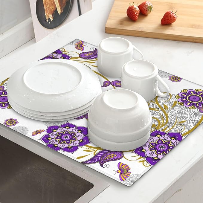 Boho Floral Dish Drying Mat for Kitchen Counter Washable Absorbent Reversible - Image 6